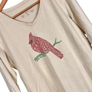 Life‎ is Good Women's S Tan Cardinal Bird Nature Graphic V-Neck Long Sleeve Tee
